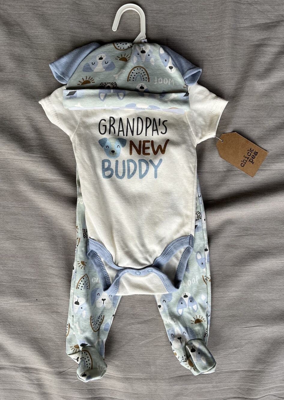 Chick Pea Baby Boy 3 Piece bodysuit Set 0-3 Months Grandpa’s New Buddy NWT